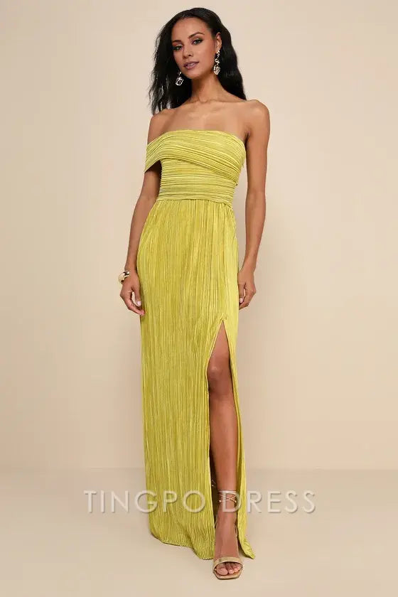 TingPo Wholesale Signature Elegance Poised Performance Chartreuse Plisse One-Shoulder Maxi Dress formal wear dresses