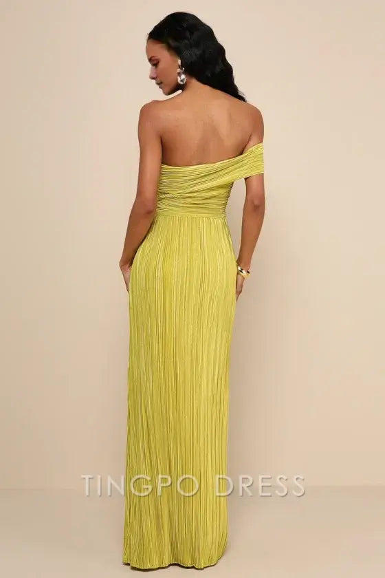 TingPo Wholesale Signature Elegance Poised Performance Chartreuse Plisse One-Shoulder Maxi Dress formal wear dresses