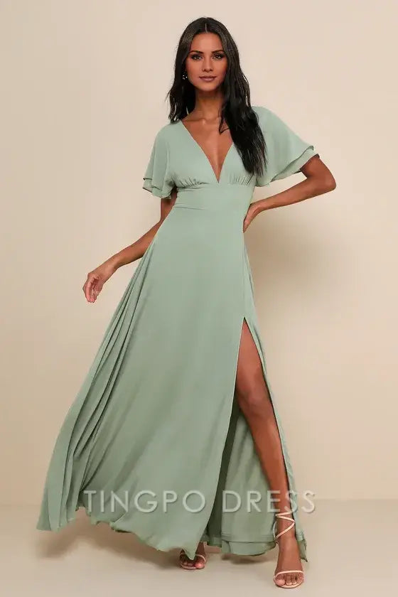 TingPo Wholesale Signature Elegance Promise Of Love Sage Brush Flutter Sleeve Maxi Dress formal wear dresses