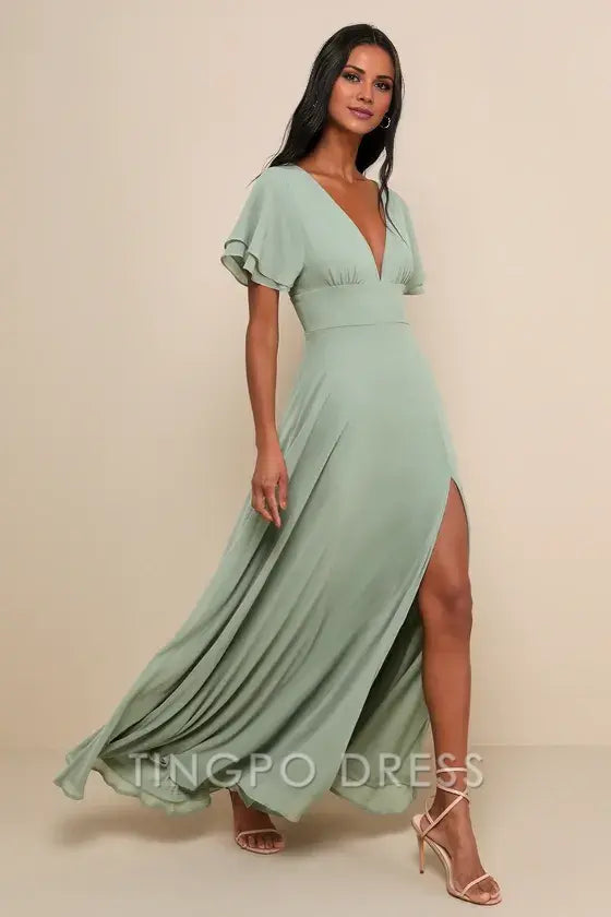 TingPo Wholesale Signature Elegance Promise Of Love Sage Brush Flutter Sleeve Maxi Dress formal wear dresses