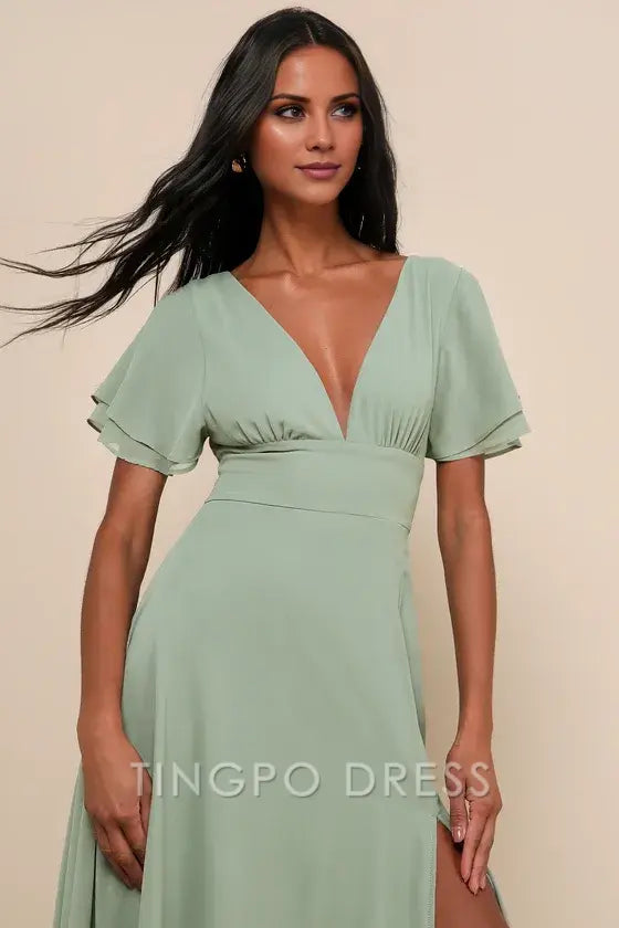 TingPo Wholesale Signature Elegance Promise Of Love Sage Brush Flutter Sleeve Maxi Dress formal wear dresses