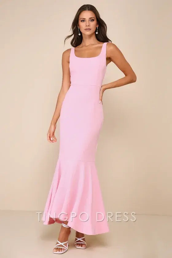TingPo Wholesale Signature Elegance Romantic Destiny Light Pink Square Neck Trumpet Maxi Dress formal wear dresses