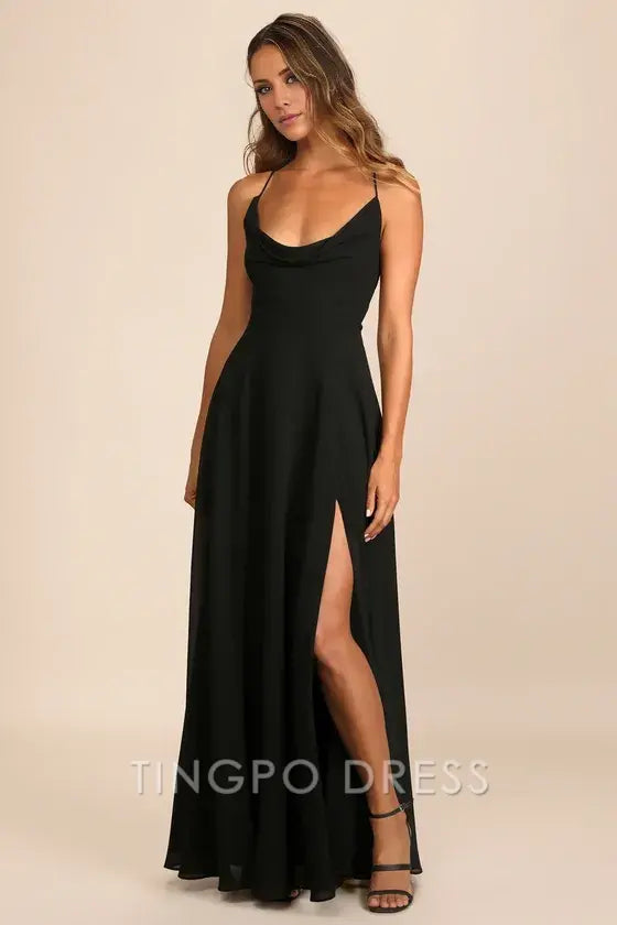 TingPo Wholesale Signature Elegance Romantically Speaking Black Cowl Lace-Up Maxi Dress formal wear dresses