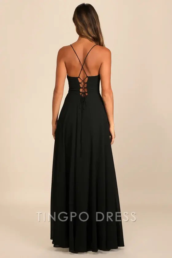 TingPo Wholesale Signature Elegance Romantically Speaking Black Cowl Lace-Up Maxi Dress formal wear dresses