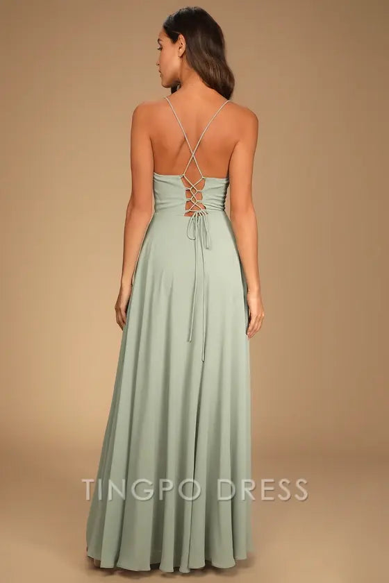 TingPo Wholesale Signature Elegance Romantically Speaking Sage Green Cowl Lace-Up Maxi Dress formal wear dresses