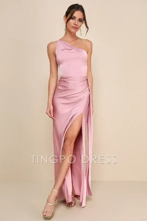 TingPo Wholesale Signature Elegance Rose Satin One-Shoulder Maxi Dress formal wear dresses