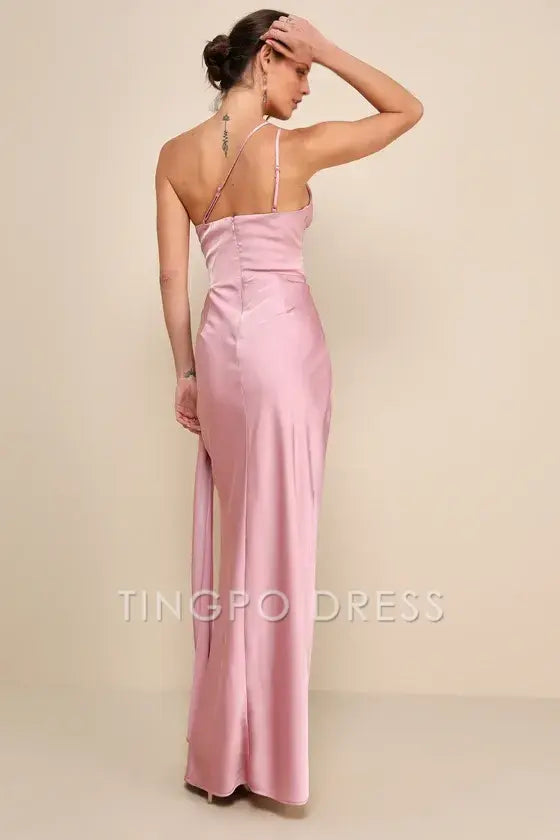 TingPo Wholesale Signature Elegance Rose Satin One-Shoulder Maxi Dress formal wear dresses