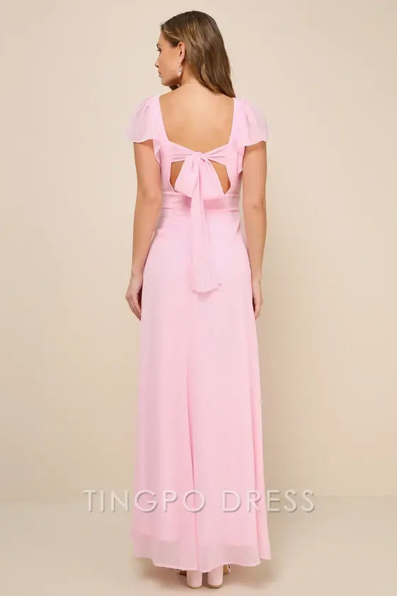 TingPo Wholesale Signature Elegance Simply Delightful Pink Tie-Back Flutter Sleeve Maxi Dress formal wear dresses