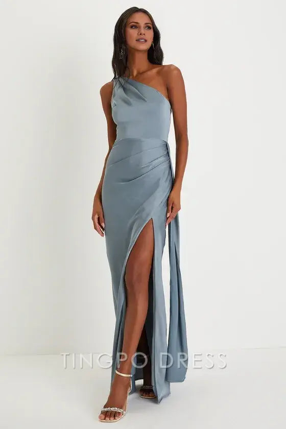 TingPo Wholesale Signature Elegance Slate Blue Satin One-Shoulder Maxi Dress formal wear dresses