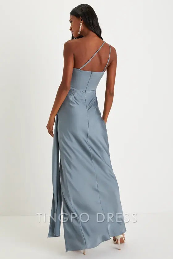 TingPo Wholesale Signature Elegance Slate Blue Satin One-Shoulder Maxi Dress formal wear dresses