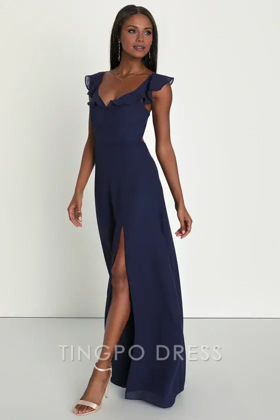 TingPo Wholesale Signature Elegance Sweetest Entrance Navy Blue Ruffled Tie-Back Maxi Dress formal wear dresses ﻿