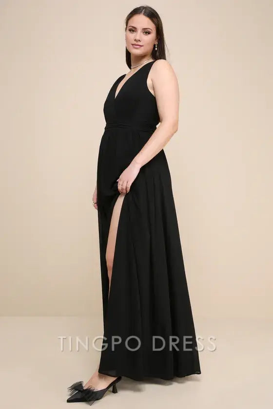 TingPo Wholesale Signature Elegance Thoughts of Hue Black Surplice Maxi Dress formal wear dresses