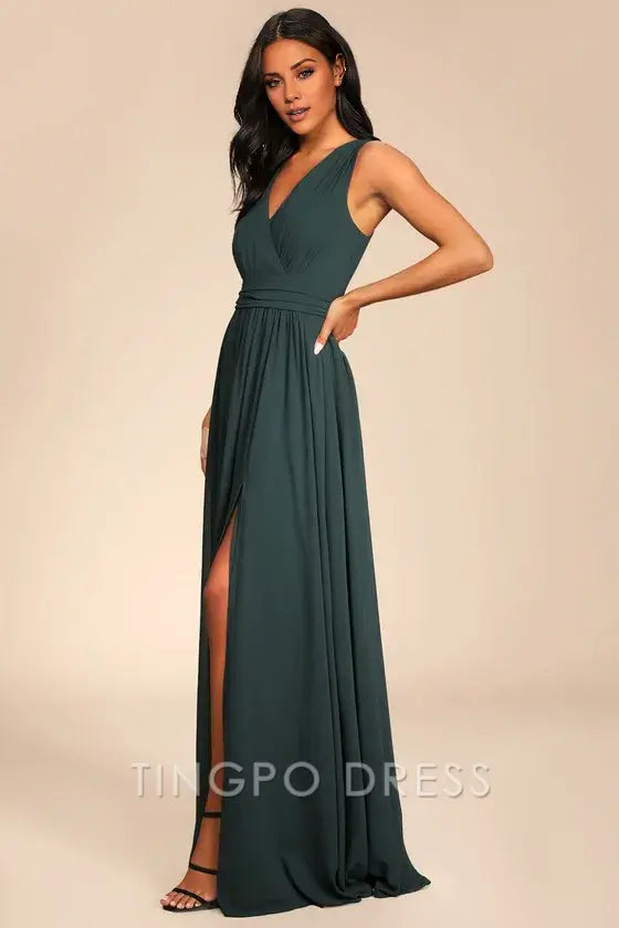 TingPo Wholesale Signature Elegance Thoughts of Hue Emerald Green Surplice Maxi Dress formal wear dresses ﻿