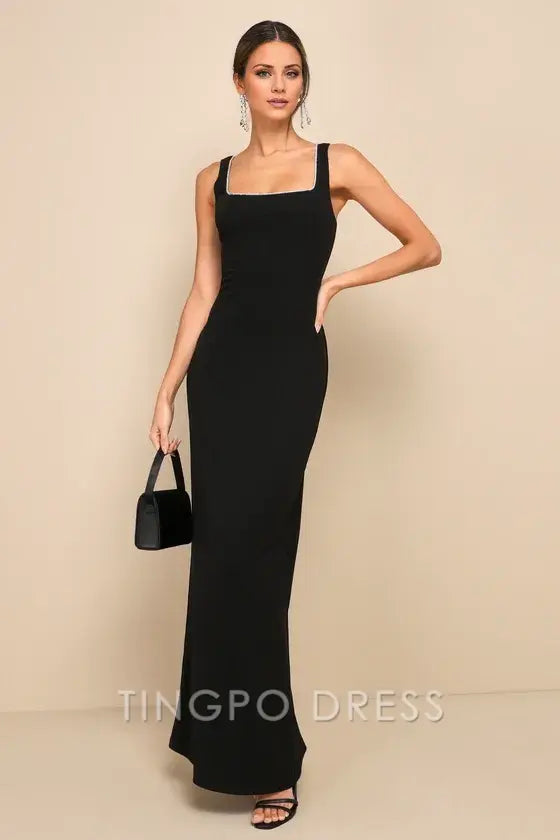 TingPo Wholesale Signature Elegance Timeless Poise Black Rhinestone Square Neck Backless Maxi Dress formal wear dresses