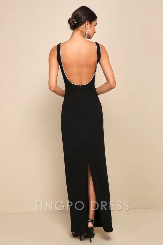 TingPo Wholesale Signature Elegance Timeless Poise Black Rhinestone Square Neck Backless Maxi Dress formal wear dresses