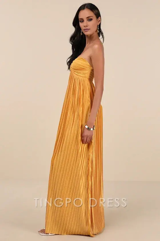 TingPo Wholesale Signature Elegance Whimsical Beauty Golden Yellow Satin Plisse Strapless Maxi Dress formal wear dresses
