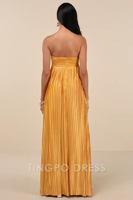TingPo Wholesale Signature Elegance Whimsical Beauty Golden Yellow Satin Plisse Strapless Maxi Dress formal wear dresses