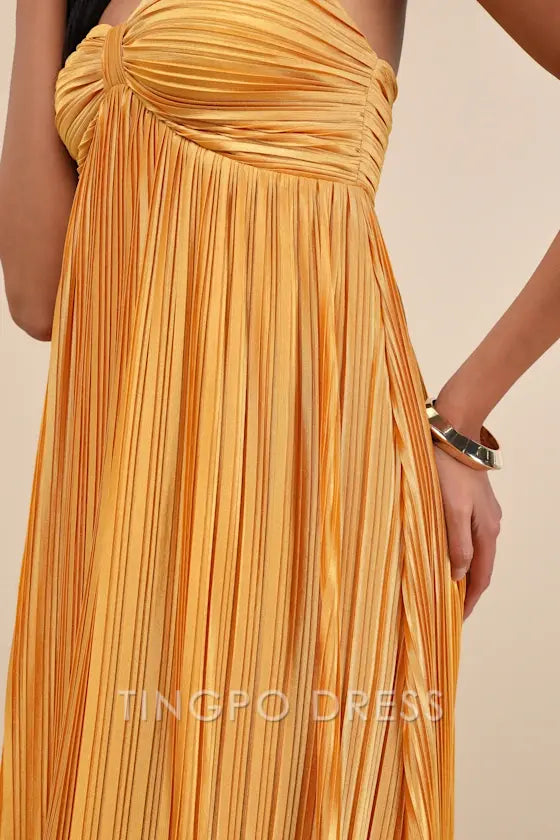 TingPo Wholesale Signature Elegance Whimsical Beauty Golden Yellow Satin Plisse Strapless Maxi Dress formal wear dresses