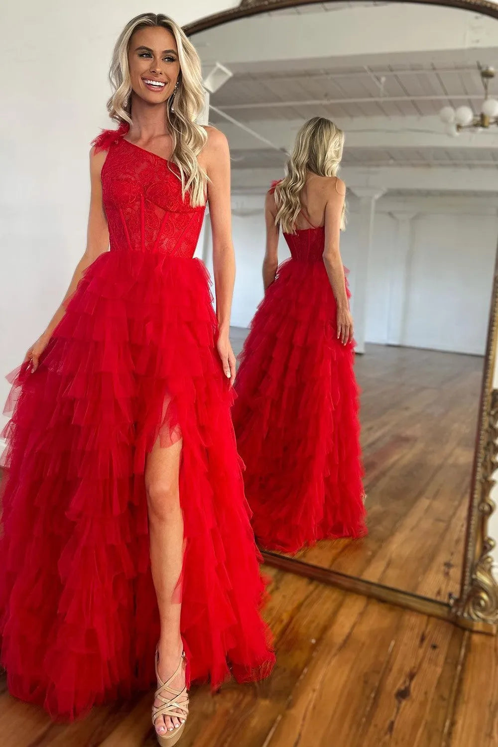 Wholesale Simple A-Line One Shoulder Long Red Ruffle Prom Dress With Split prom dresses with long sleeves