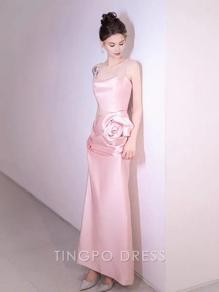 TingPo Wholesale Simple A-line Spaghetti Straps Satin Pink Long Evening Dress Prom Dress