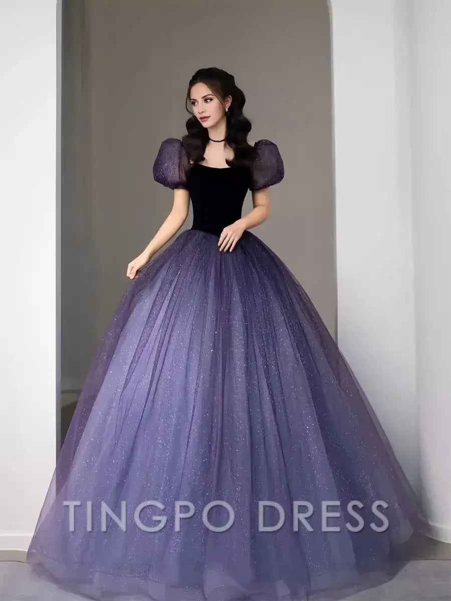 TingPo Wholesale Simple A Line Grape Tulle Prom Dresses Evening Dress