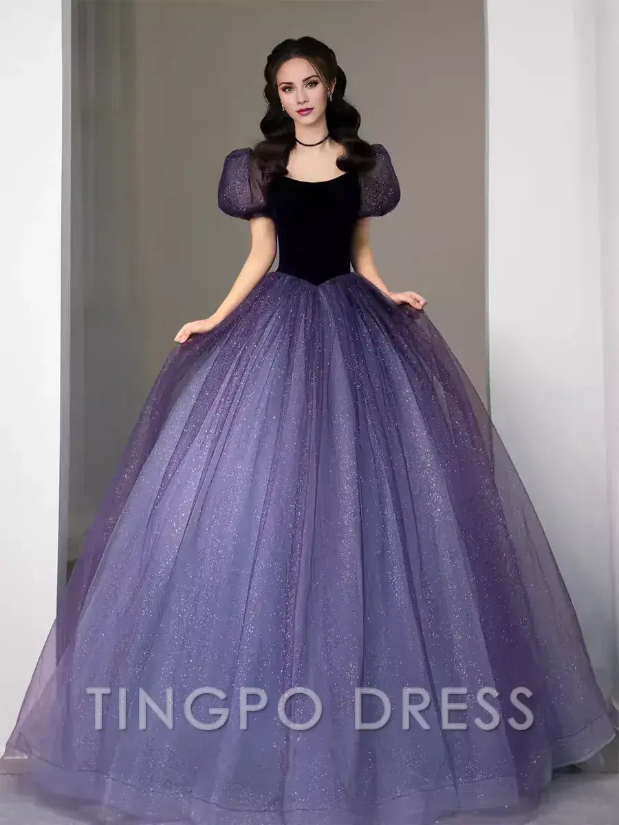 TingPo Wholesale Simple A Line Grape Tulle Prom Dresses Evening Dress