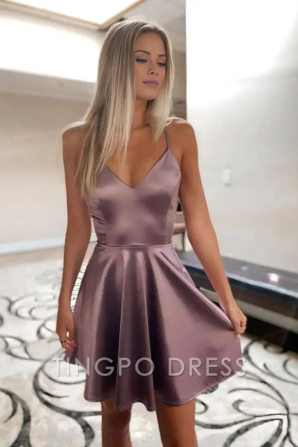 TingPo Wholesale Simple A Line Spaghetti Straps Homecoming Dress formal wear dresses