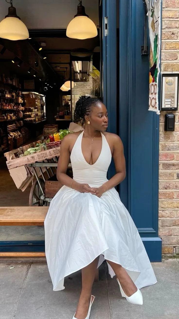 TingPo Wholesale Simple A line Halter White Sleeveless Satin Prom Dress Formal Evening Dresses formal wear dresses