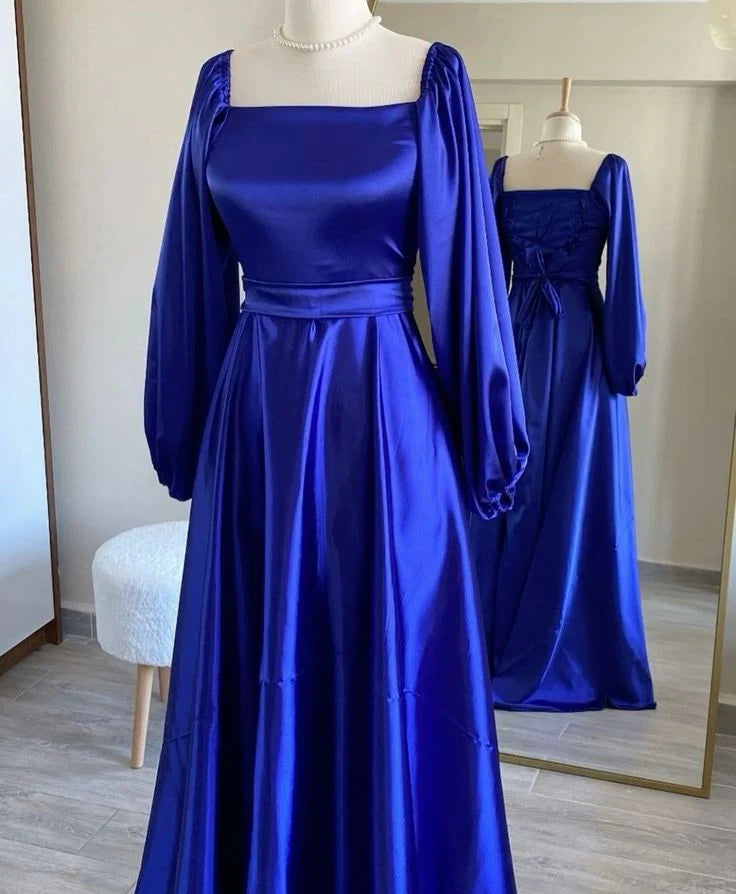 TingPo Wholesale Simple A line Long Sleeves Royal Blue Satin Prom Dress Long Evening Dress