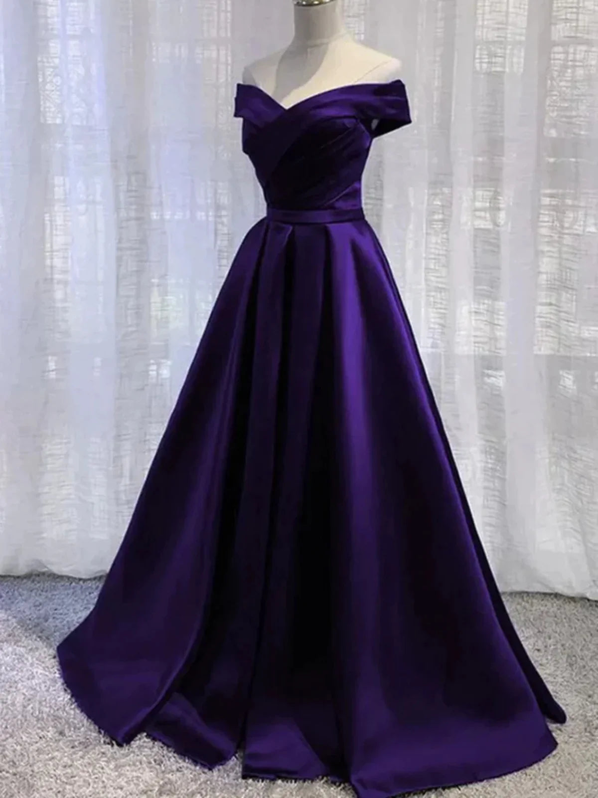 TingPo Wholesale Simple A line Off the Shoulder Purple Satin Long Prom Dresses