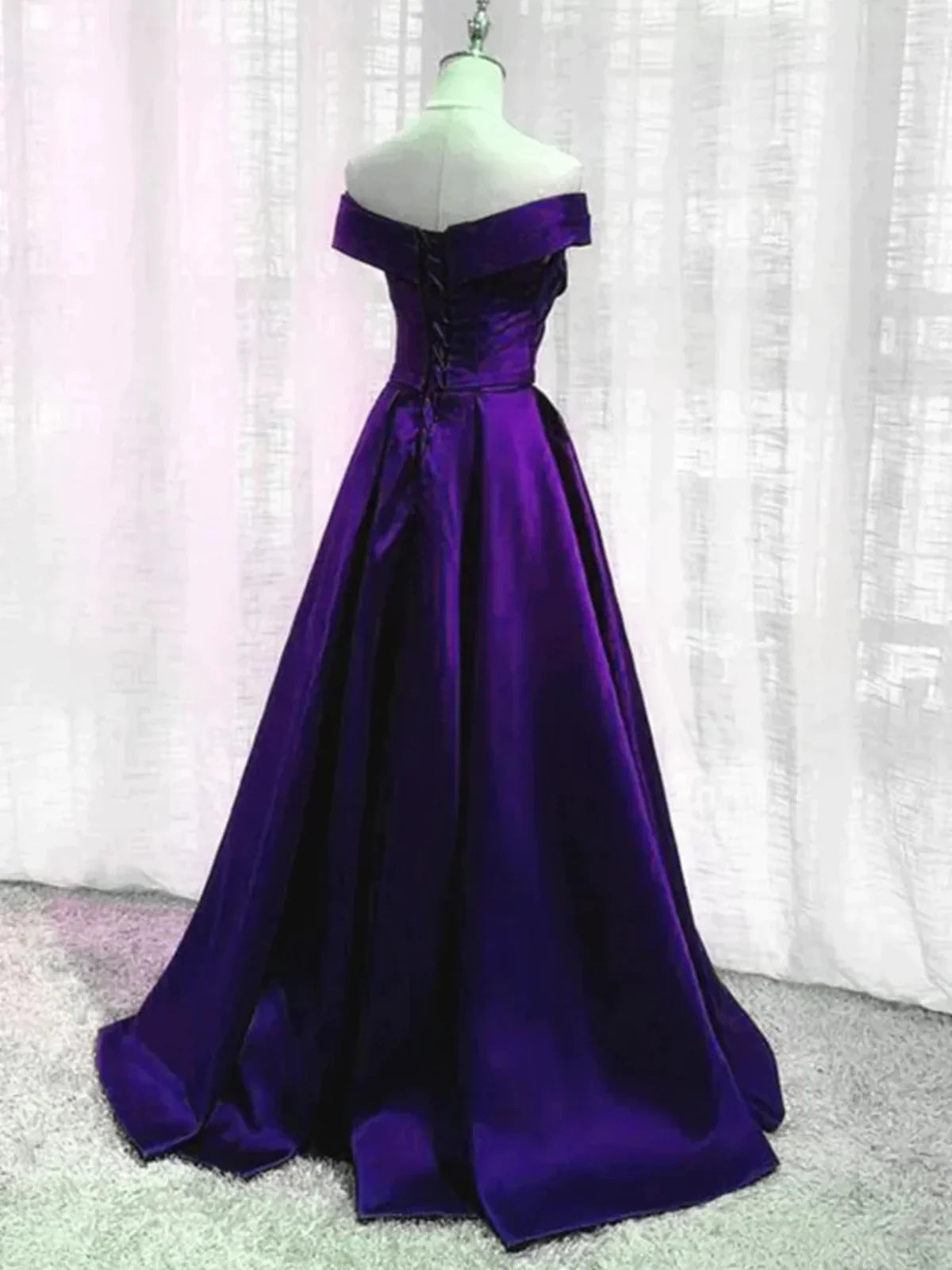 TingPo Wholesale Simple A line Off the Shoulder Purple Satin Long Prom Dresses