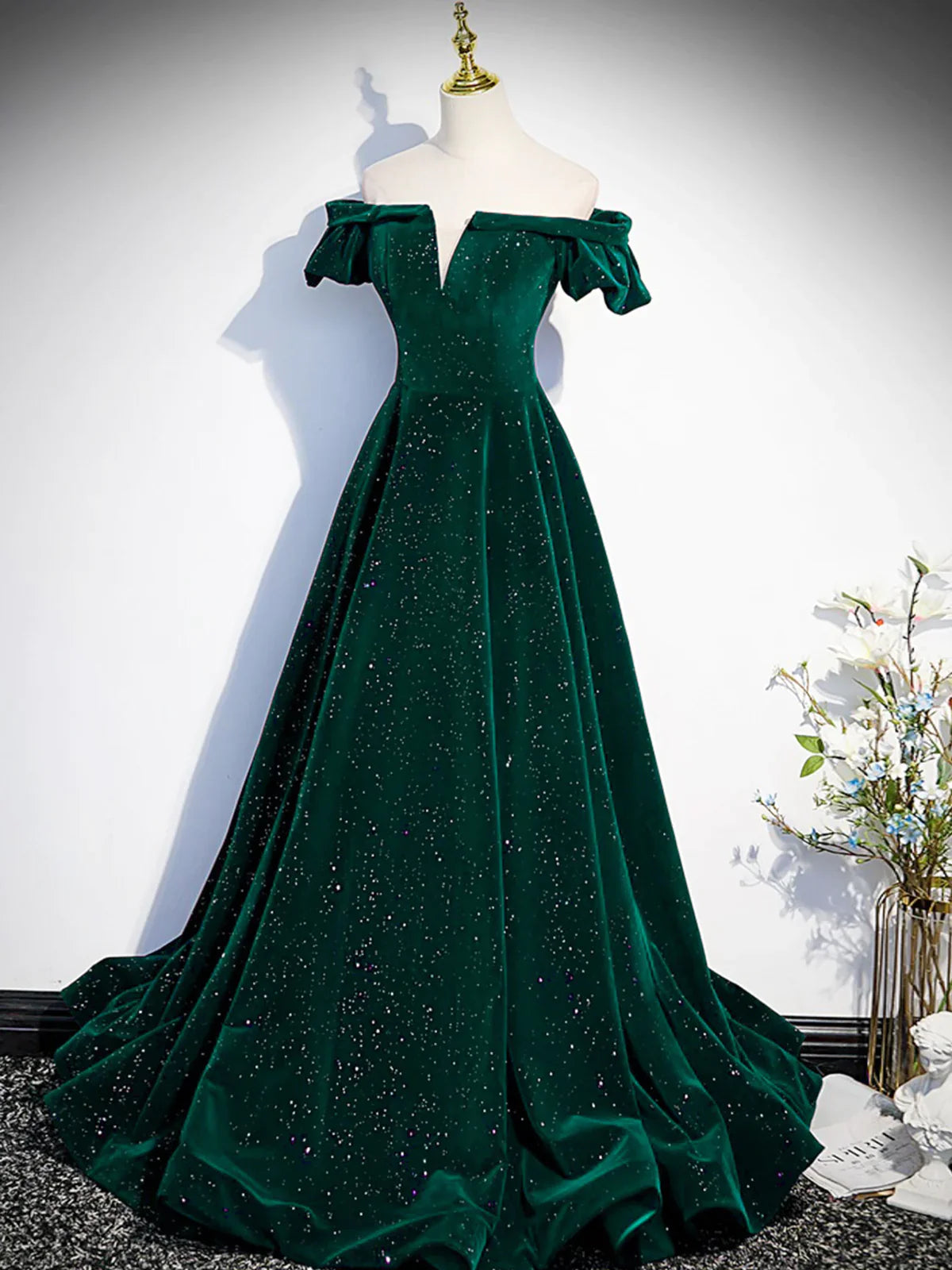 TingPo Wholesale Simple A line Off the Shoulder Shiny Green Long Prom Dresses