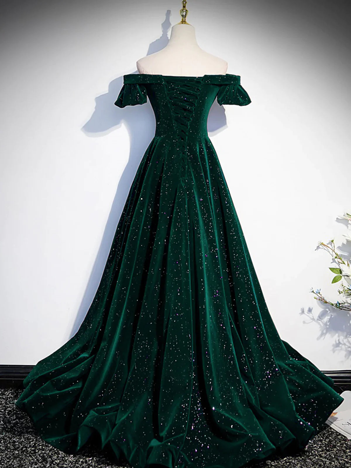 TingPo Wholesale Simple A line Off the Shoulder Shiny Green Long Prom Dresses