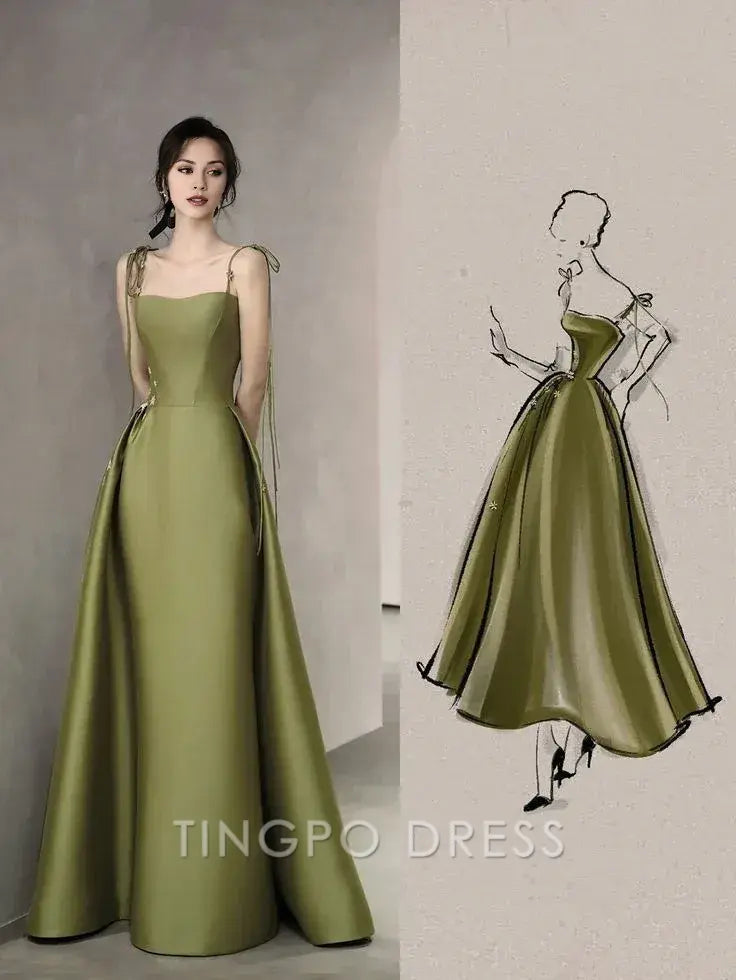 TingPo Wholesale Simple A line Olive Green Long Satin Prom Dresses With Ruffles