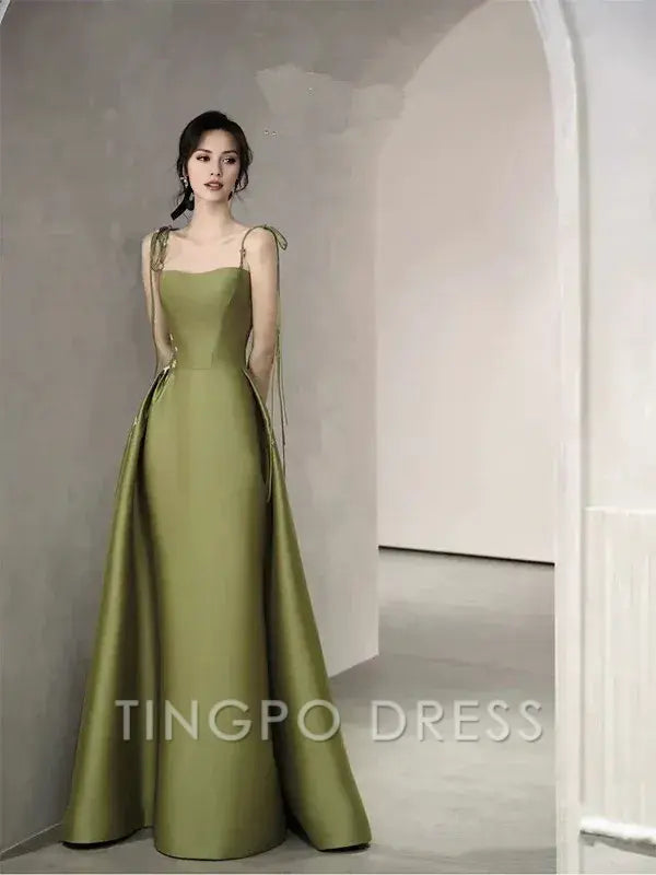 TingPo Wholesale Simple A line Olive Green Long Satin Prom Dresses With Ruffles