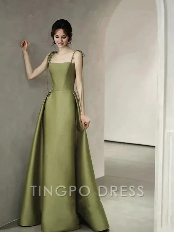 TingPo Wholesale Simple A line Olive Green Long Satin Prom Dresses With Ruffles