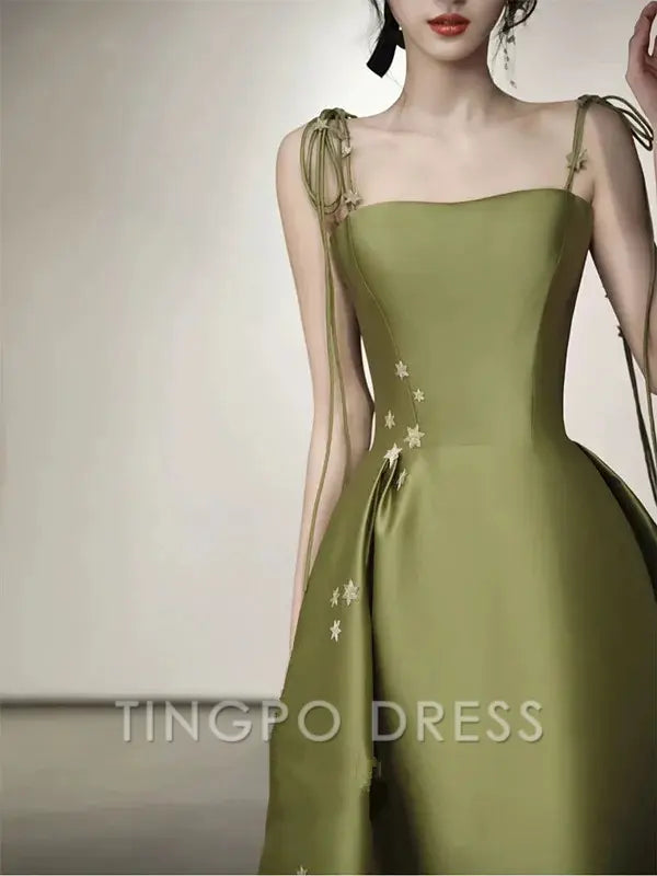 TingPo Wholesale Simple A line Olive Green Long Satin Prom Dresses With Ruffles