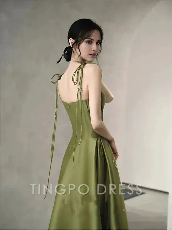 TingPo Wholesale Simple A line Olive Green Long Satin Prom Dresses With Ruffles