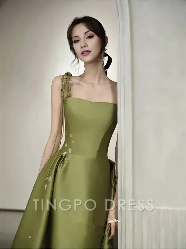 TingPo Wholesale Simple A line Olive Green Long Satin Prom Dresses With Ruffles