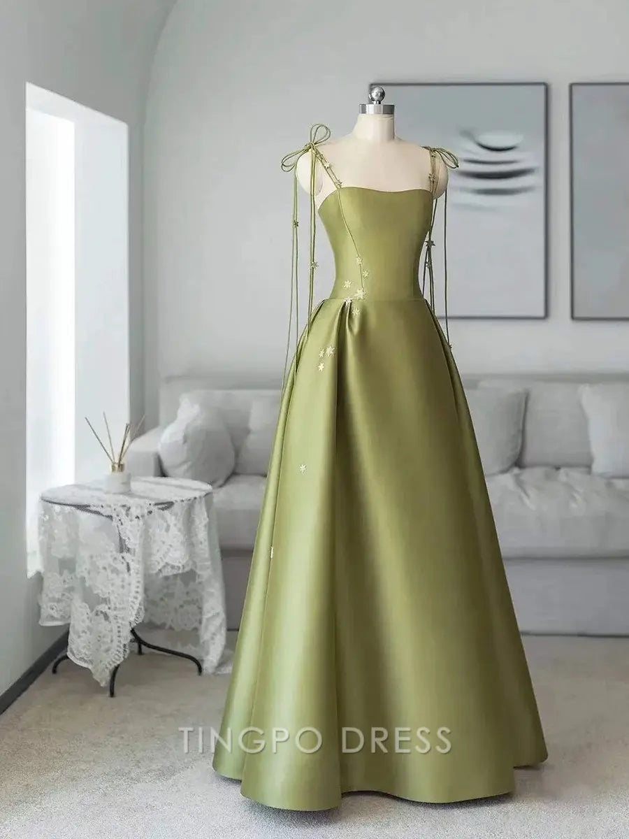 TingPo Wholesale Simple A line Olive Green Long Satin Prom Dresses With Ruffles