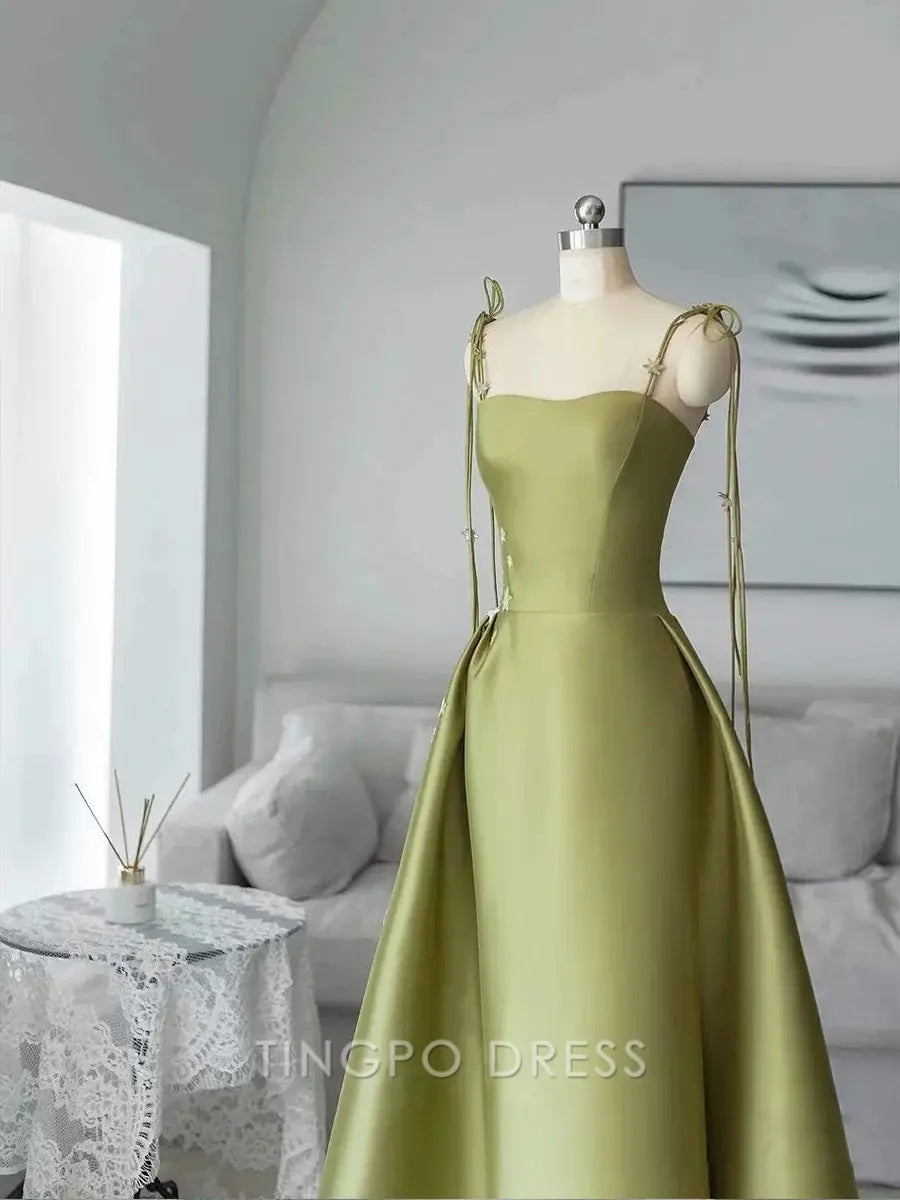 TingPo Wholesale Simple A line Olive Green Long Satin Prom Dresses With Ruffles