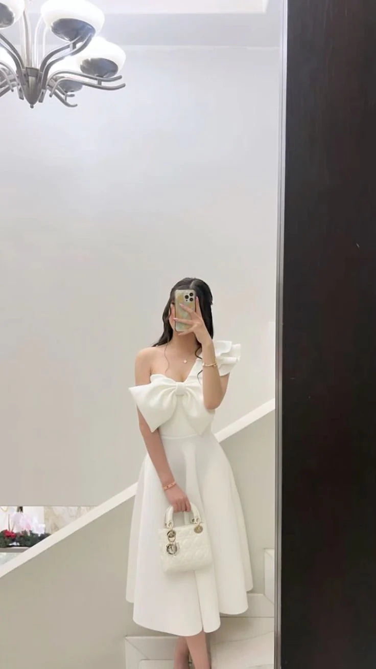 TingPo Wholesale Simple A line One Shoulder White Satin Evening Party Dress Prom Dresses