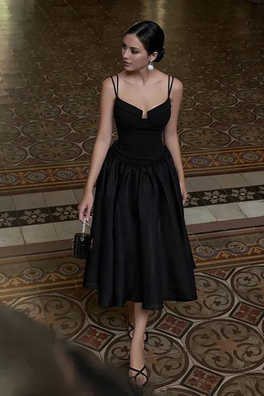 TingPo Wholesale Simple A line Spaghetti Straps Black Satin Prom Dresses Birthday Outfits