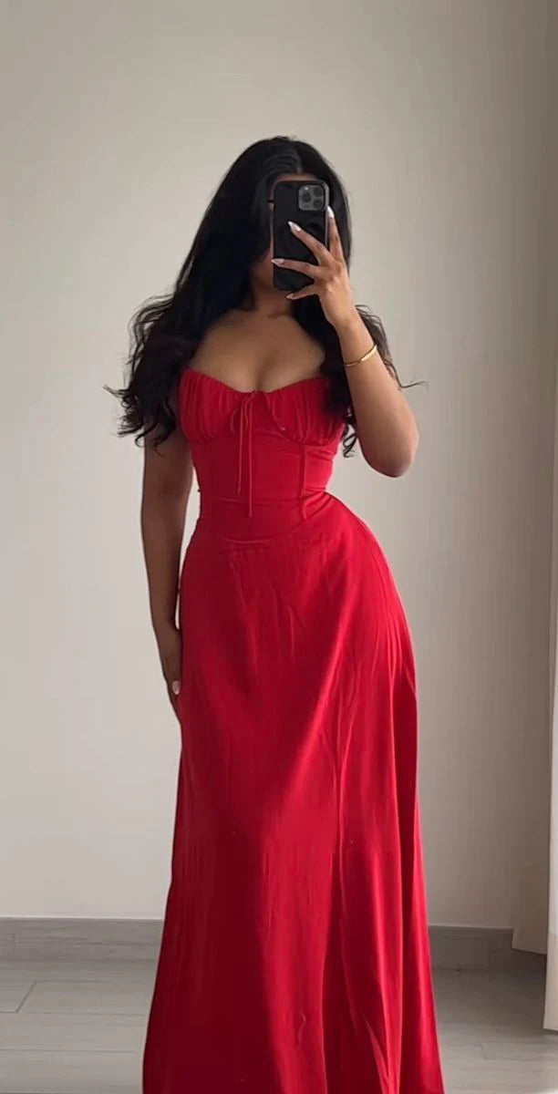 Wholesale Simple A line Spaghetti Straps Red Sleeveless Long Prom Dress Formal Evening Dresses formal wear dresses