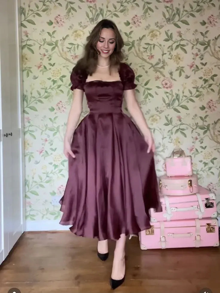 TingPo Wholesale Simple A line Square Neckline Short Sleeves Satin Prom Dresses Birthday Outfits