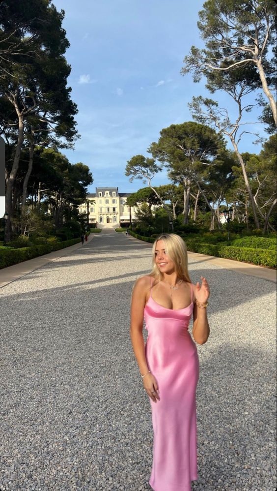 TingPo Wholesale Simple A line Straps Sleeveless Party Dress Silk Satin Pink Prom Dress