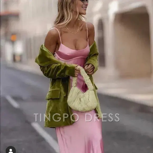 TingPo Wholesale Simple A line Straps Sleeveless Party Dress Silk Satin Pink Prom Dress