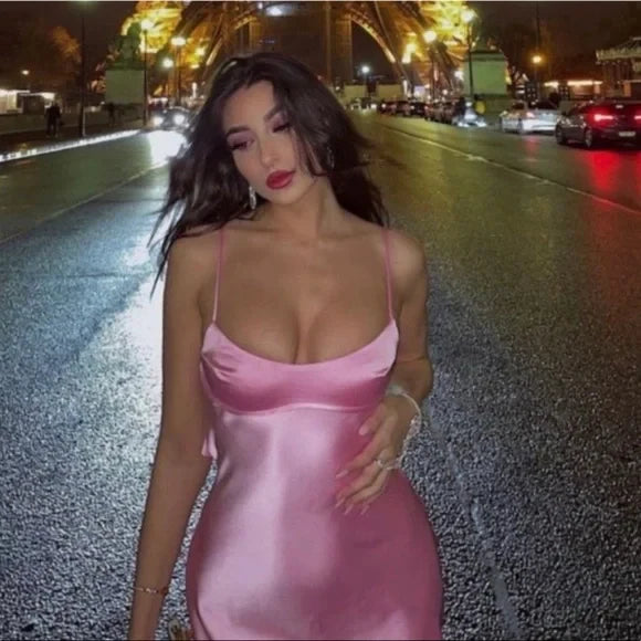 TingPo Wholesale Simple A line Straps Sleeveless Party Dress Silk Satin Pink Prom Dress