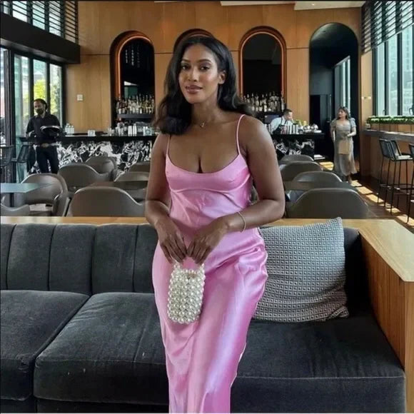 TingPo Wholesale Simple A line Straps Sleeveless Party Dress Silk Satin Pink Prom Dress