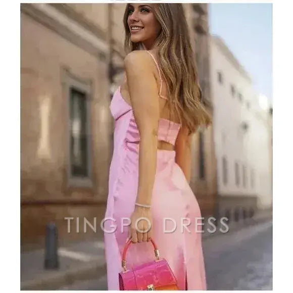 TingPo Wholesale Simple A line Straps Sleeveless Party Dress Silk Satin Pink Prom Dress